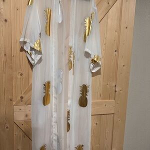 Show Me Your MuMu White Kimono with Gold Pineapple Accents